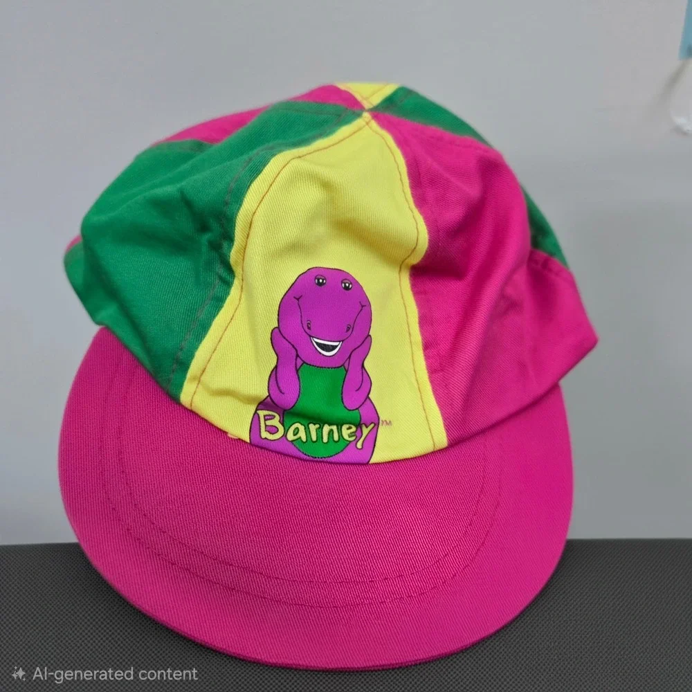 Vintage 1992 Barney the Dinosaur Colorblock Hat Pink Green Yellow Youth 4/6X